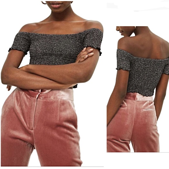 Topshop Tops - ❣️ TOPSHOP Shirred Metallic Off the Shoulder Top